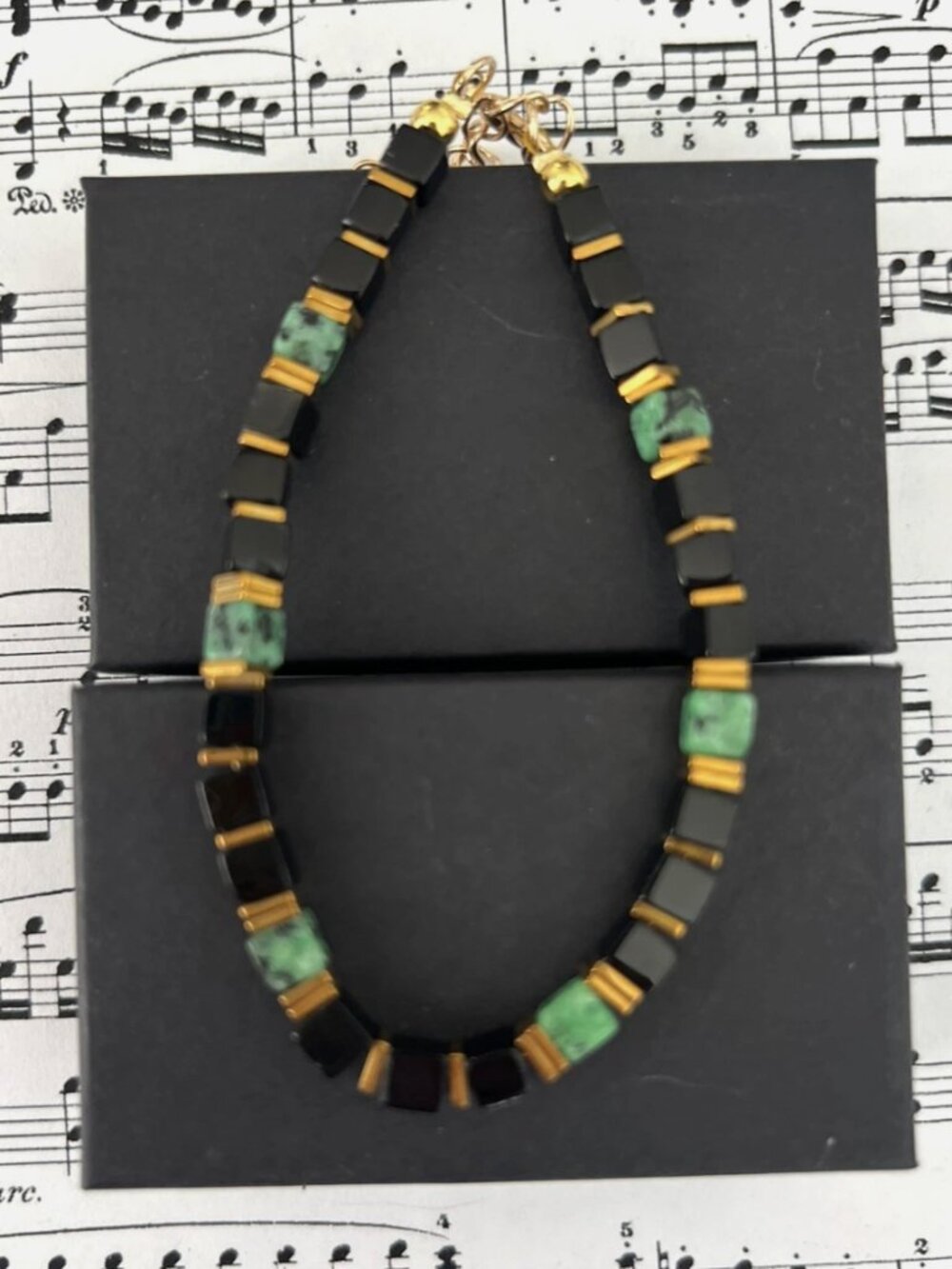 Black & Green Beaded Gold Tone Adjustable Bracelet